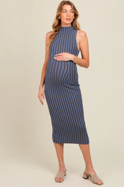 PinkBlush Blue Ribbed Knit Mock Neck Fitted Maternity Dress