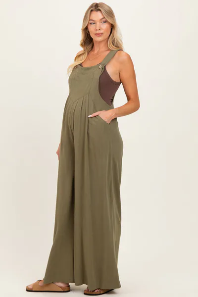 PinkBlush Olive Super Wide Leg Overall Maternity Jumpsuit