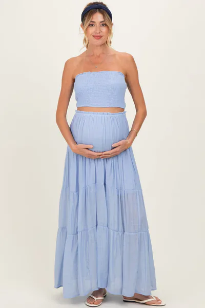 PinkBlush Light Blue Smocked Tube Top Tiered Skirt Maternity Set