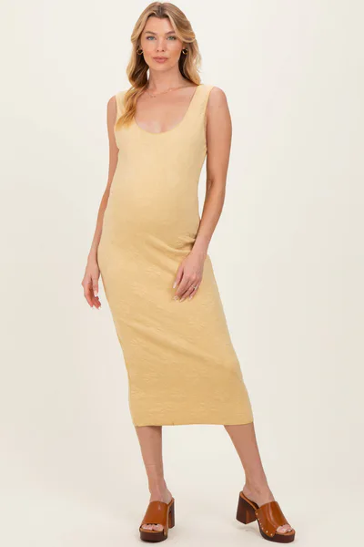 PinkBlush Yellow Sleek Floral Jacquard Bodycon Maternity Midi Dress