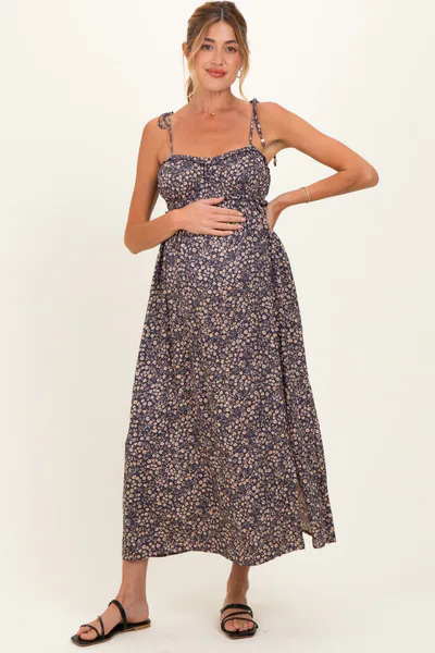 PinkBlush Purple Print Detailed Maternity Maxi Dress