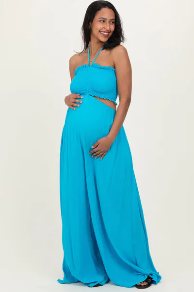 PinkBlush Aqua Blue Smocked Drawstring Halter Side Cutout Maternity Jumpsuit