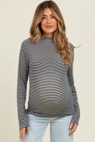 PinkBlush Navy Striped High Neck Maternity Long Sleeve Top