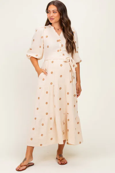 PinkBlush Brown Floral Cotton Gauze Tiered Maternity Midi Dress