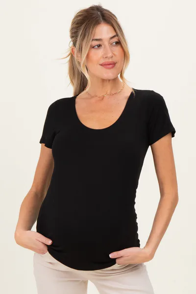 PinkBlush Black Short Sleeve Scoop Neck Maternity Knit T-Shirt