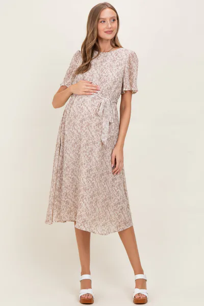 PinkBlush Ivory Floral Plisse Chiffon Maternity Midi Dress