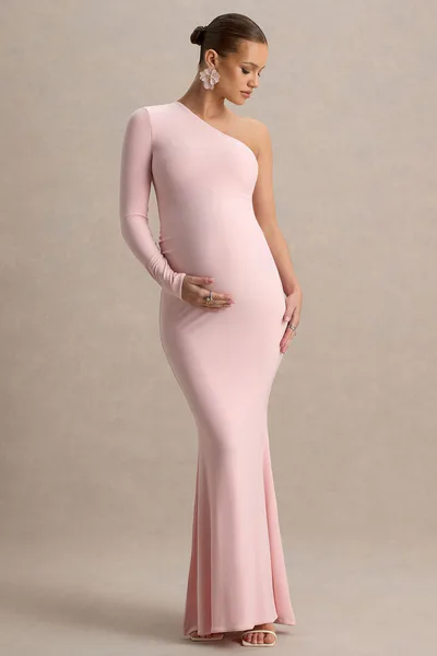 Club L London Heloise | Pink Asymmetric One-Sleeve Maternity Maxi Dress