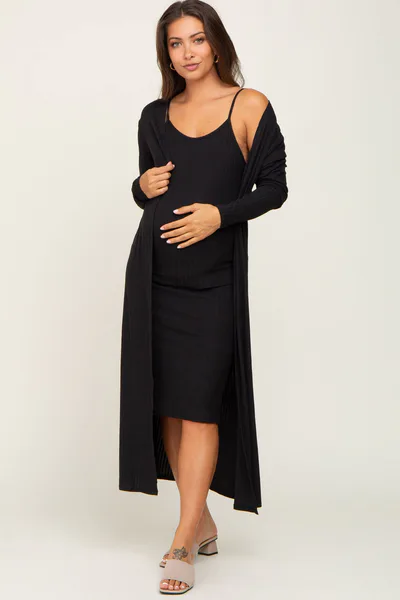 PinkBlush Black Ribbed Cardigan 2 Piece Maternity Set