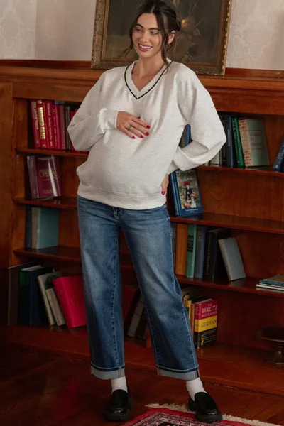 PinkBlush Dark Mid Rise Ankle Barrel Turn Up Cuffed Maternity Jeans