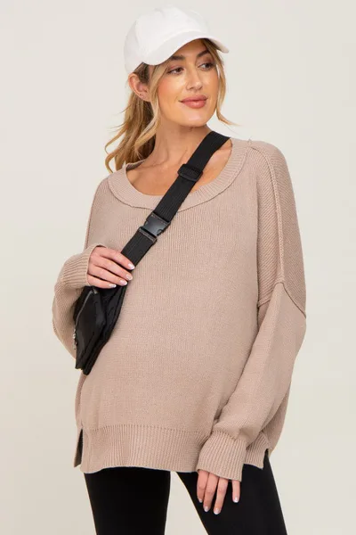 PinkBlush Taupe Exposed Seam Side Slit Maternity Sweater