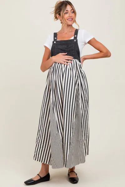 PinkBlush Charcoal Striped Colorblock Denim Contrast Maternity Maxi Dress
