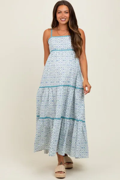 PinkBlush Blue Cotton Floral Maternity Maxi Dress
