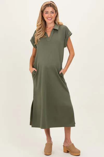 PinkBlush Olive Collared Oversized Maternity Midi Dress