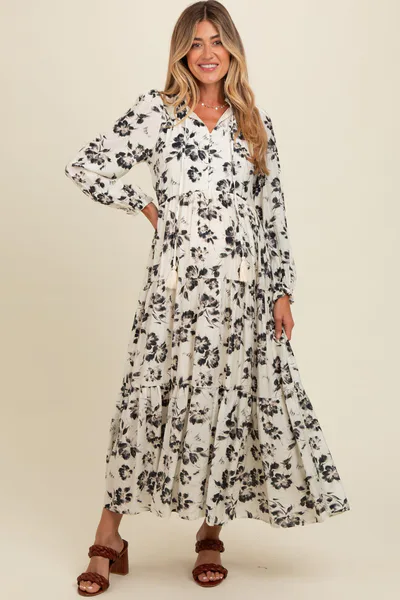 PinkBlush Black Floral Button Front Tiered Long Sleeve Maternity Maxi Dress