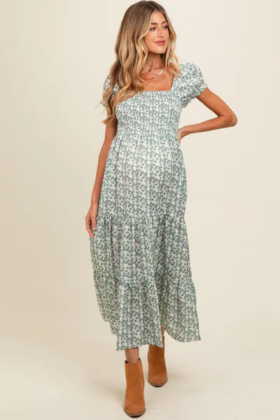 PinkBlush Olive Floral Puff Sleeve Smocked Maternity Maxi Dress