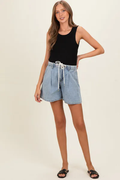 PinkBlush Light Denim Midi Pleated Maternity Shorts