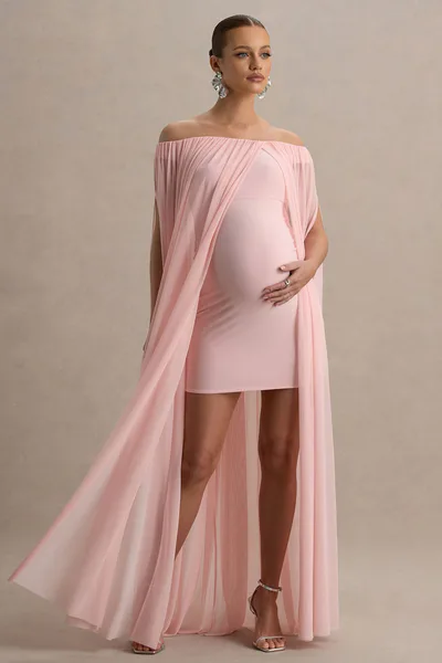 Club L London Atmosphere | Pink Bandeau Maternity Mini Dress With Mesh Overlay