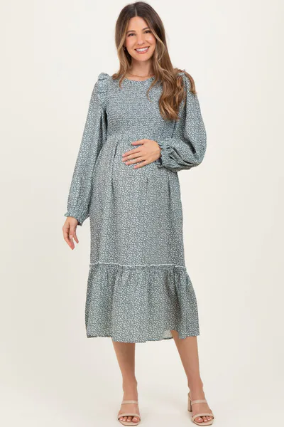 PinkBlush Mint Tiny Floral Ruffled Mock Neck Babydoll Maternity Midi Dress