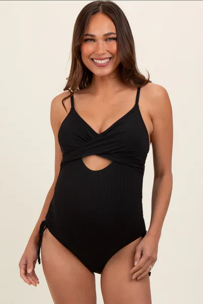 PinkBlush Black Ribbed Wrap Front Drawstring Side Maternity One-Piece Swimsuit