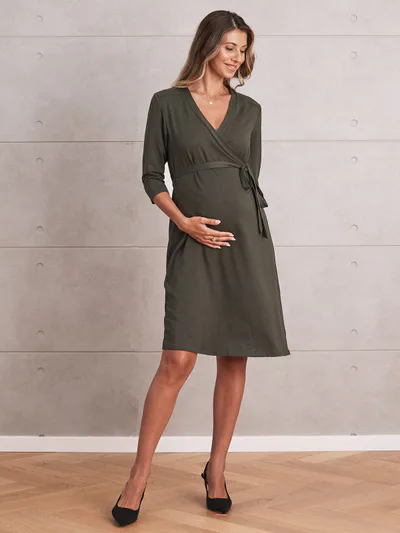 Angel Maternity Maternity Classic Wrap Feeding Dress in Olive Green