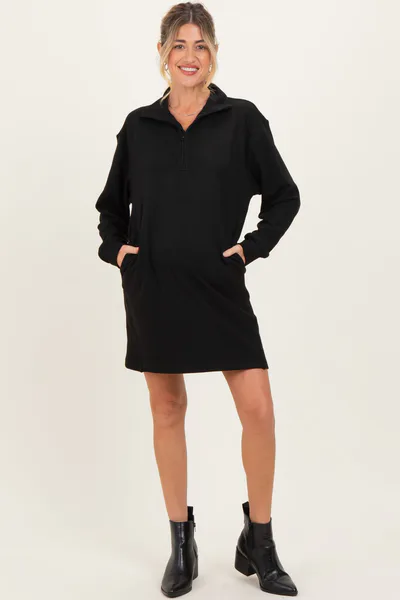 PinkBlush Black Brushed Quarter Zip Jersey Lounge Maternity Sweatshirt Dress
