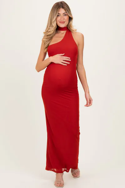 PinkBlush Brick Mesh Overlay Halter Maternity Maxi Dress