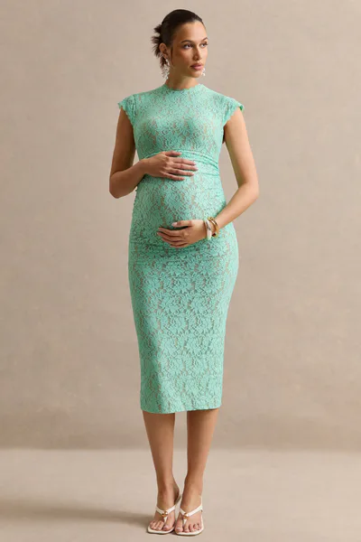 Club L London Vianne | Mint Lace Round-Neck Maternity Midi Dress