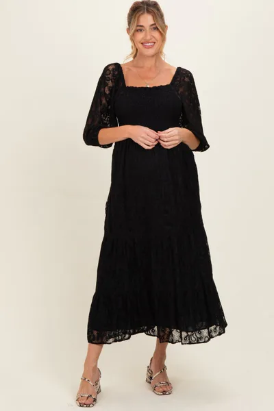 PinkBlush Black Lace Smocked Maternity Midi Dress