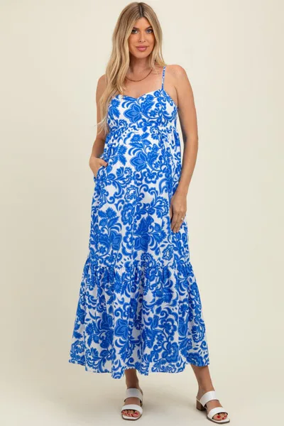 PinkBlush Blue Floral Flowy Ruffle Hem Maternity Maxi Dress