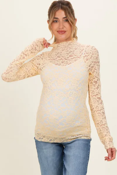 PinkBlush Butter Yellow High Neck Fitted Sheer Lace Maternity Top