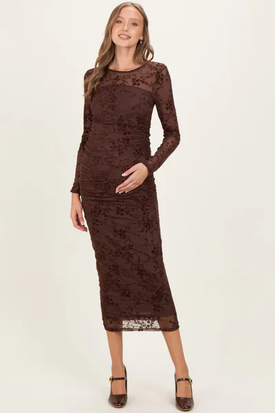 PinkBlush Brown Floral Flocked Mesh Long Sleeve Maternity Midi Dress