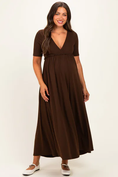 PinkBlush Brown Short Sleeve V-Neck Maternity Maxi Dress