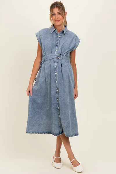 PinkBlush Denim Button Front Maternity Midi Dress