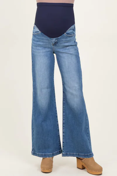 PinkBlush Blue Medium Wash Heart Pocket Wide Leg Maternity Jeans