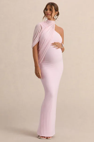 Club L London Merella | Light Pink High Neck Maternity Maxi Dress With Cape Sleeve