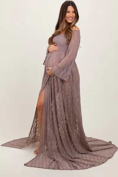 PinkBlush Mocha Lace Off Shoulder Maternity Photoshoot Gown/Dress