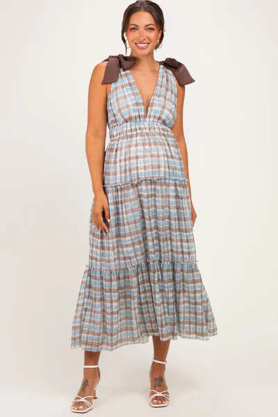 PinkBlush Blue Plaid Shoulder Tie Maternity Dress