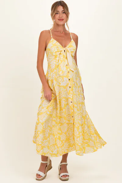 PinkBlush Yellow Floral Front Tie Racerback Maternity Midi Dress