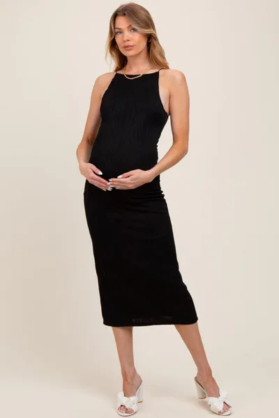 PinkBlush Black Textured Sleeveless Fitted Maternity Midi Dress