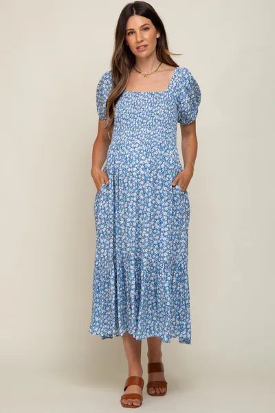 PinkBlush Blue Floral Smocked Short Sleeve Maternity Midi Dress