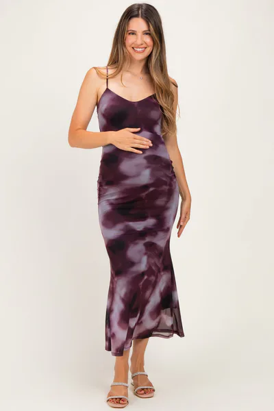 PinkBlush Wine Tie Dye Mesh Side Slit Maternity Maxi Dress