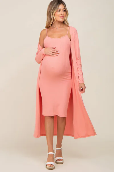 PinkBlush Peach Ribbed Cardigan 2 Piece Maternity Set