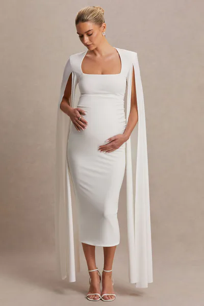 Club L London Flawless | White Square-Neck Maternity Midi Dress With Cape-Sleeves