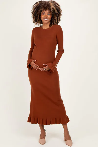 PinkBlush Chestnut Ribbed Knit Bow Back Maternity Maxi Dress