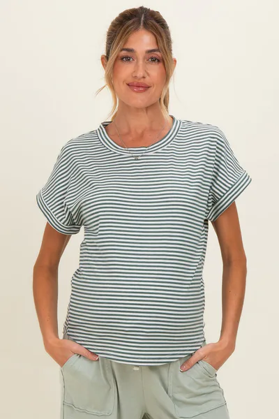 PinkBlush Green Striped Short Sleeve Maternity Top