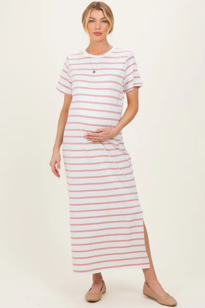 PinkBlush Peach Striped Side Slit Maternity Maxi Dress