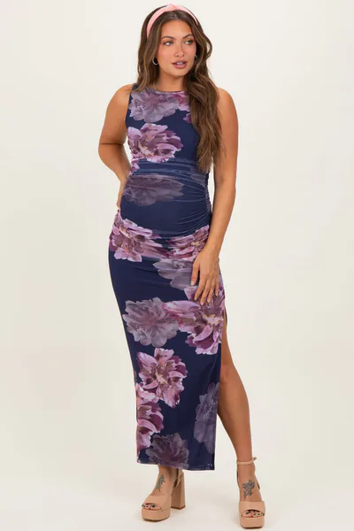 PinkBlush Navy Floral Ruched Sleeveless Maternity Midi Dress