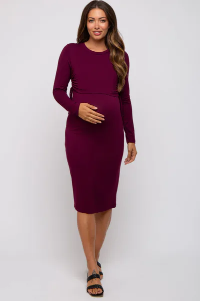 PinkBlush Burgundy Long Sleeve Maternity Nursing Dress