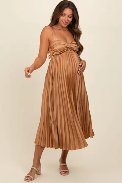 PinkBlush Gold Satin Pleated Sweetheart Maternity Midi Dress