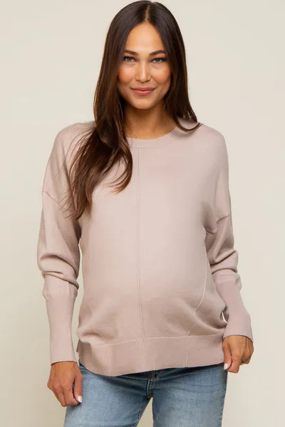 PinkBlush Beige Rib Knit Exposed Seam Maternity Sweater